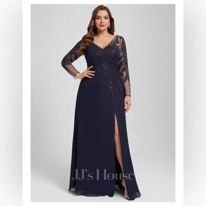 JJs House Navy Blue V-Neck Long Sleeve Evening Gown with Side Slit